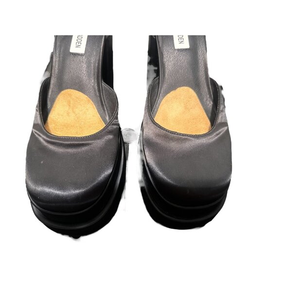Steve Madden Charliz Platform Pump Heels Women 9 Black Satin Chunky Comfort Prom - Picture 16 of 16